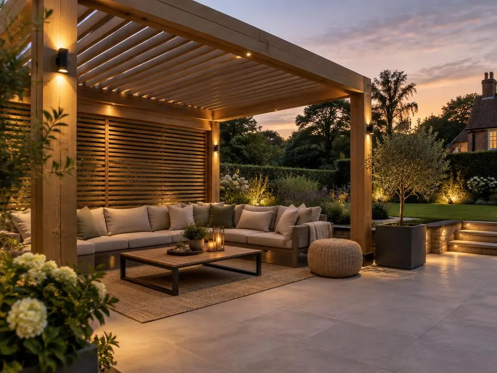 Timber pergola over an outdoor lounge area on a patio