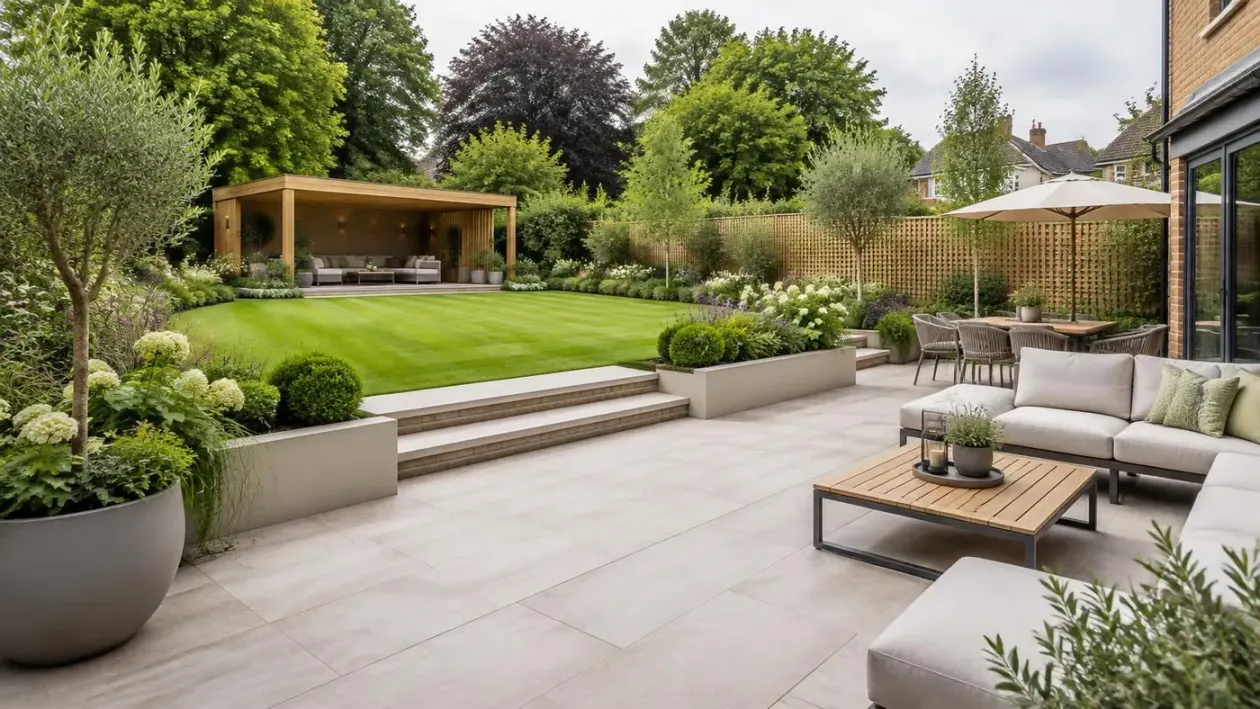 Landscaped garden in Southampton with porcelain patio, lawn and timber outdoor room