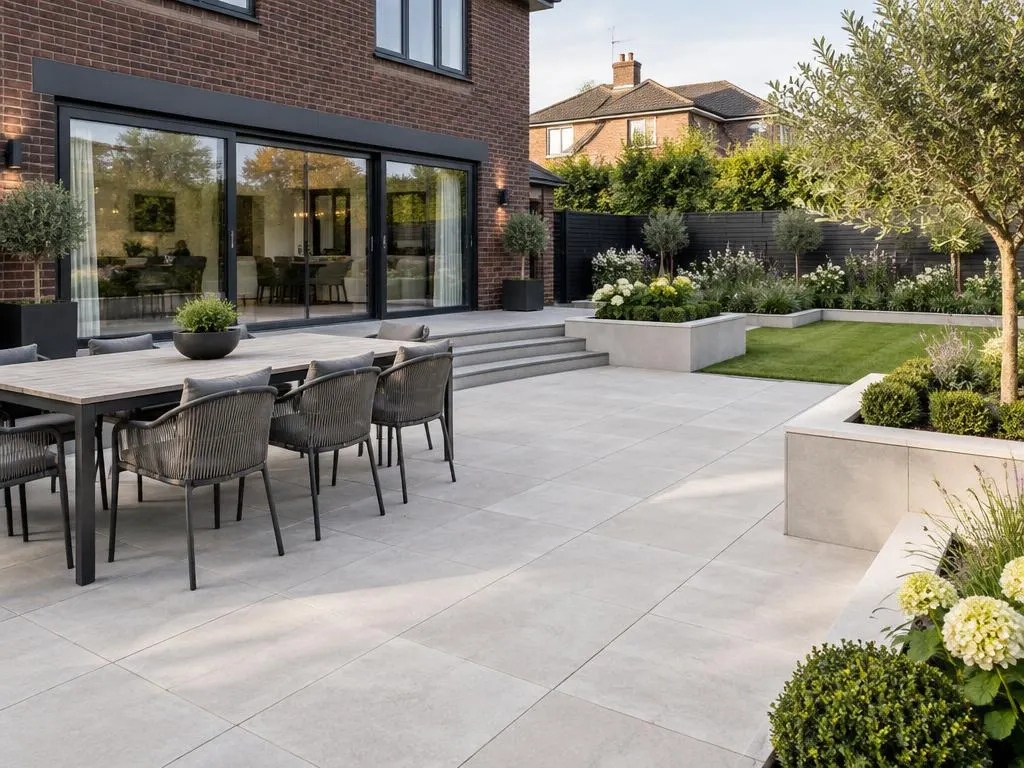 Contemporary large-format porcelain patio with steps and planting